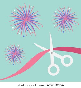 Scissors cut the ribbon. Grand opening celebration. Business beginnings event. Launch startup. Blue background with fireworks. Flat design material style. Vector illustration.