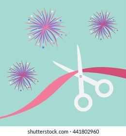Scissors cut the ribbon. Grand opening celebration. Business beginnings event. Launch startup. Blue background with fireworks. Flat design style. Vector illustration.