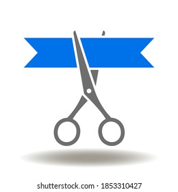 Scissors cut ribbon icon vector. Ceremony grand opening logo.