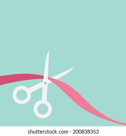 Scissors cut the ribbon on the left. Flat design style. Vector illustration