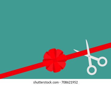 Scissors cut straight red ribbon on the right. Big round bow. Business beginnings event. Launch startup concept. Grand opening celebration sign symbol. Flat design. Green background. Isolated. Vector