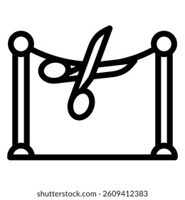 Scissors cut tape barrier line icon, exhibition opening concept. Vector graphics. Cutout ribbon tape sign on white background, style mobile or design