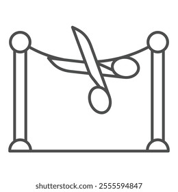 Scissors cut tape barrier thin line icon, exhibition opening concept. Vector graphics. Cutout ribbon tape sign on white background, outline style icon for mobile or web design