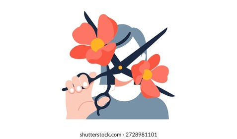 Tijeras cortadas a través del pelo floreado
