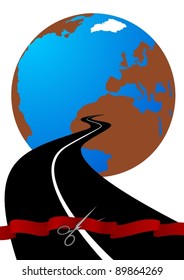 Scissors cut through the red tape and stretches into the distance the road. The illustration on a white background.