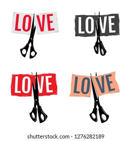 Scissors cut word love. Vector illustration