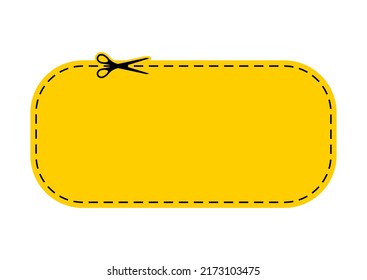 Scissors Cut Yellow Coupon Dotted Line With Dash Icon. Shear Crop Voucher For Gift Code Or Offer Promo Discount Along The Guide Line Border. Vector Flat Illustation.