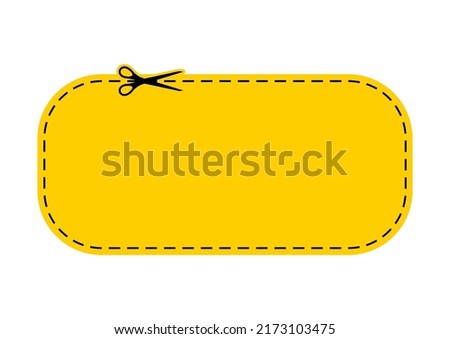 Scissors cut yellow coupon dotted line with dash icon. Shear crop voucher for gift code or offer promo discount along the guide line border. Vector flat illustation.