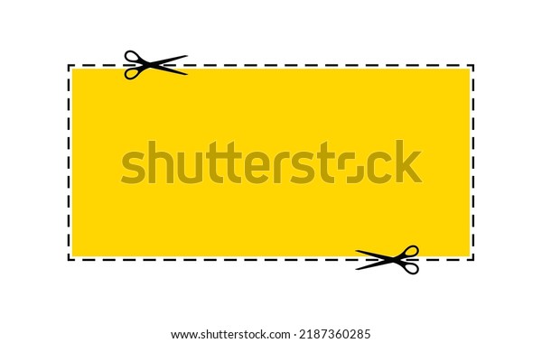 Scissors cut yellow\
rectangle coupon dotted line with dash icon. Shear crop paper\
voucher for gift code or offer promo discount along the guide line\
border. Vector flat\
illustation.