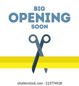 Scissors cut the yellow ribbon vector poster with text Ã?Â«Big opening soonÃ?Â» at the top