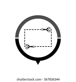 Scissors with cutline - black vector icon; map pointer;  message bubble