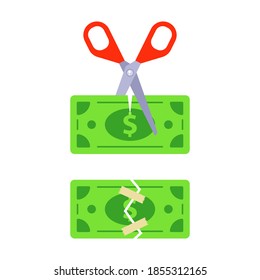 scissors cuts a banknote in two. flat vector illustration isolated on white background.