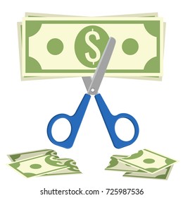 Scissors cuts budget, process of cutting dollar banknote vector