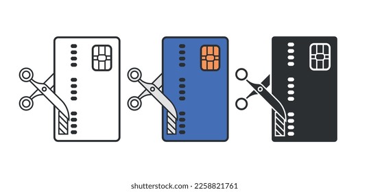 Tijeras recortan tarjeta de crédito, icono de color, objeto contorno