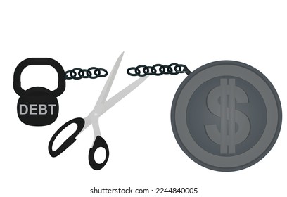 Las tijeras cortan la cadena de monedas de deuda. vector 
