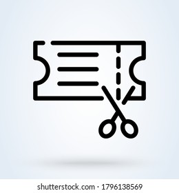 scissors cuts discounts coupon icon or logo line art style. Outline supermarket at low prices concept. Discount Coupons vector illustration.