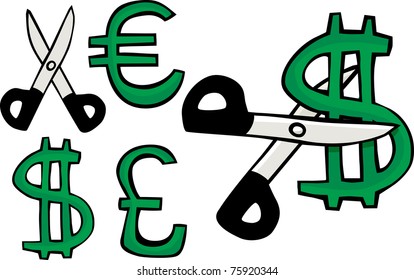 Scissors cuts a symbol of the United States dollar, Euro or British Pound Sterling
