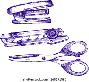  scissors, cutter blade, staples, sketch
