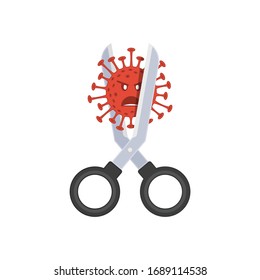 Scissors cutting angry corona virus sign. Symbol of the struggle with coronavirus, biological hazard. Coronavirus covid-19 microbe isolated on white background. Medicine, health or health care concept