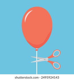 Scissors cutting ballon string. Red ballon and scissors on blue background. Vector illustration in cartoon style.