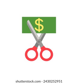 Scissors cutting a banknote with a dollar sign. Colored vector with money.