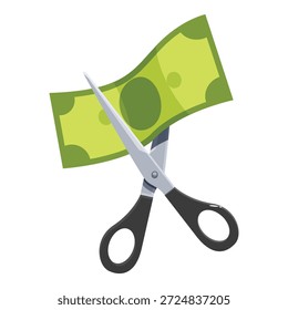 Tesoura que corta uma nota ilustrando a redução de custos, a economia de orçamento e a gestão de despesas