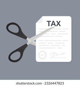 Scissors cutting big tax letter. Scissors about to cut tax paper. Business, finance and profit concept. Flat design. A text document about taxes with a signature and seal. Vector illustration