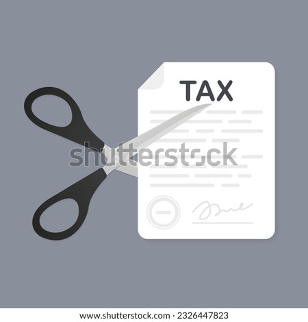 Scissors cutting big tax letter. Scissors about to cut tax paper. Business, finance and profit concept. Flat design. A text document about taxes with a signature and seal. Vector illustration