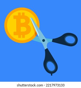 Scissors cutting bitcoin money. Divide money, share profits. Cost reduction or cut price. Flat vector illustration.