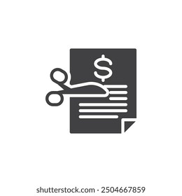 Scissors cutting budget sheet vector icon. filled flat sign for mobile concept and web design. Budget Cut glyph icon. Symbol, logo illustration. Vector graphics