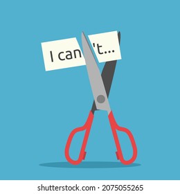 Scissors cutting I can't text. Self confidence, belief, courage, determination, motivation and resolution concept. Flat design. Vector illustration. EPS 8, no gradients, no transparency