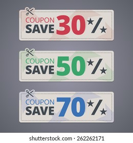 Scissors cutting coupons with discounts. Vector illustration.