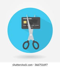 Scissors Cutting Credit Card Icon With Long Shadow. Reduce Cost Concept. Flat Design