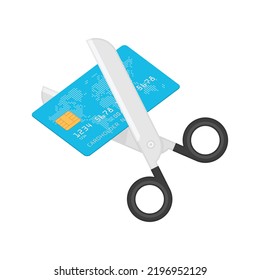 Scissors cutting credit card. Sale and Discounts symbol. Concept of cost reduction or cut price. Vector illustration in flat style. EPS 10.