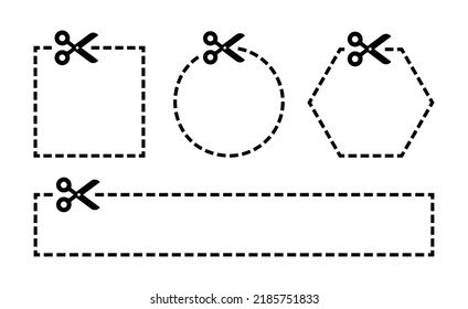Scissors cutting different geometric shapes with dashed line. Template for coupon or voucher element icon vector set.