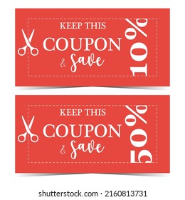 Scissors cutting the discount coupon or ticket with white text on red background and rebate percentage indicated on the side. Keep this coupon and save money. Vector illustration in flat style.