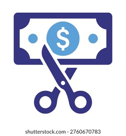 Scissors cutting dollar bill with blue circle and dollar sign symbolizing financial cutbacks or budget reduction