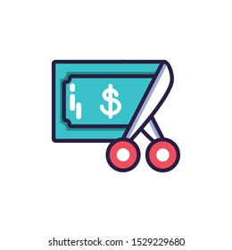 scissors cutting a dollar bill in white background vector illustration design