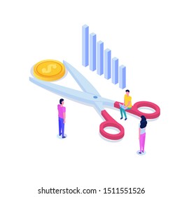 Scissors cutting dollar coin isometric concept.  Sale, Discounts symbol. Cost reduction or cut price. Vector illustration.