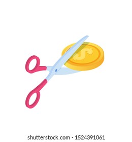 Scissors cutting dollar coin isometric concept.  Sale, Discounts symbol. Cost reduction or cut price. Vector illustration.