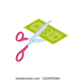 Scissors cutting dollar coin isometric concept.  Sale, Discounts symbol. Cost reduction or cut price. Vector illustration.
