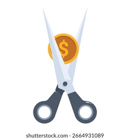 Scissors cutting a dollar coin, symbolizing cost reduction, budget cuts, and saving money