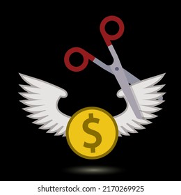 scissors cutting dollar coin wings, vector illustration 