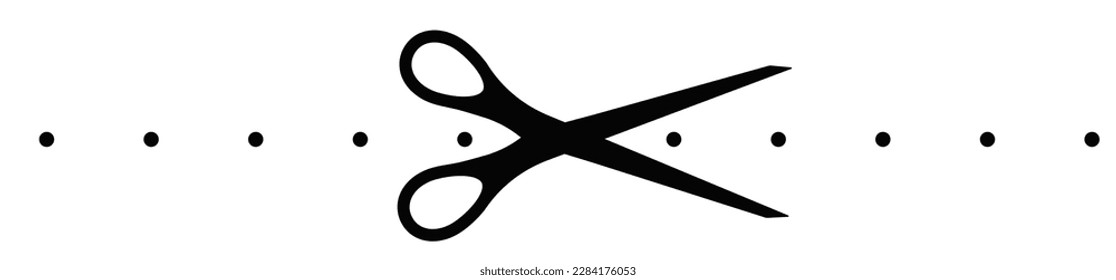 Scissors cutting dotted line with dash mark cut here icon. Shear trim paper coupon or the cloth along the line border. Simple silhouette graphic design element. Vector flat illustation.