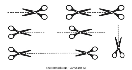 Scissors cutting dotted line set. Scissors cutting dashed lines vector illustration