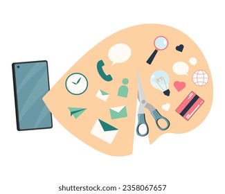 Scissors cutting entertainment functions out of dumb phone. vector illustration. Mobile device for communication, calling or texting, independence from internet. Technology, communication concept