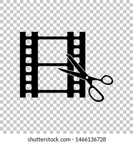 Scissors cutting film shot. Editing sign. Black icon on transparent background. Illustration.