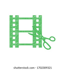 Scissors cutting film shot. Editing sign. Green scribble Icon with solid contour on white background. Illustration.