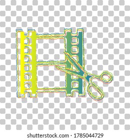Tijeras cortando filmación. Signo de edición. Icono de degradado de azul a verde con cuatro contornos de ancho sobre fondo transparente elegante. Ilustración.
