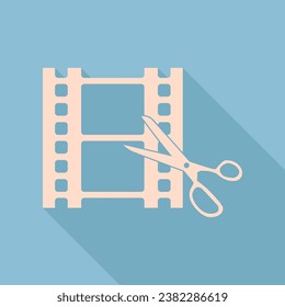 Scissors cutting film shot. Editing sign. Unbleached silk Icon with very long shadow at dark sky blue background. Illustration.